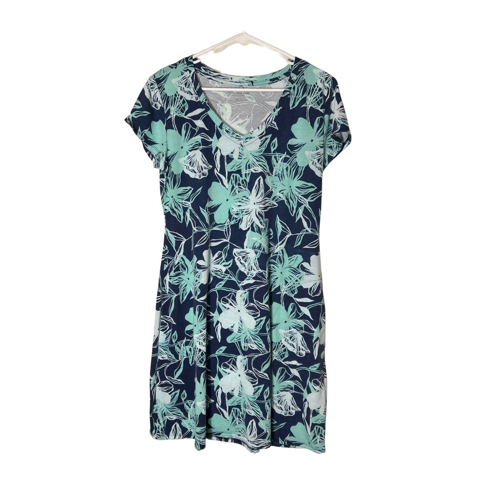 Marc New York Andrew Marc Floral V Neck Tunic Dress Navy Mint Green L G